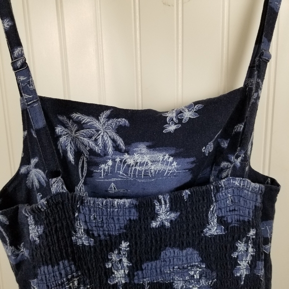 Romper Linen Smocked Wide Leg Cropped Pockets Blue Jumpsuit Scenic Print - Picture 7 of 13